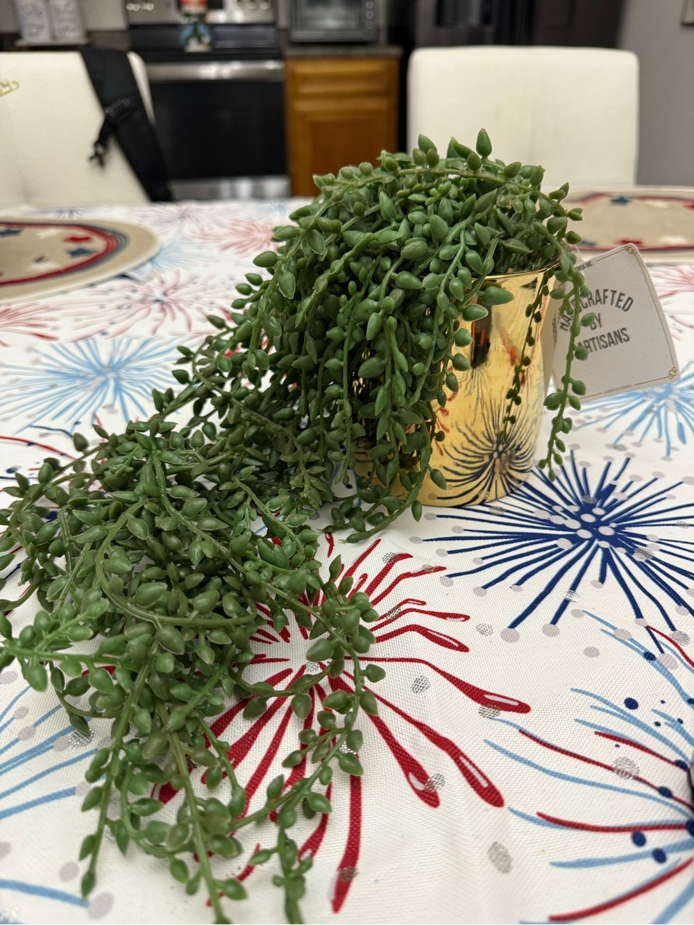 Handcrafted Green Cascading Faux Succulent in Gold Planter